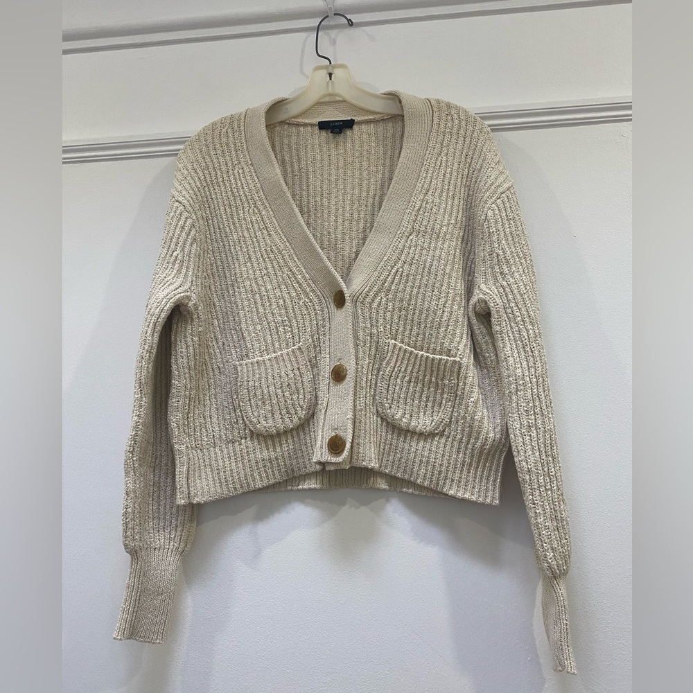 J. Crew Cropped Patch Pocket Cardigan, Beige, Size XS